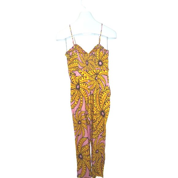 Farm Rio Jumpsuit Banana Print Linen Blend Halter Ladies Size XS Smocked Crop - Picture 4 of 15